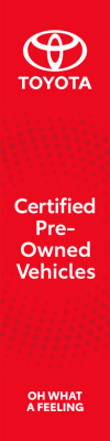 Red, TOYOTA(logo),Certified Pre-Owned Vehicles Oh What A Feelings,100x400cm
